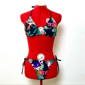 Black floral print string Bikini- Size M (EUC)
